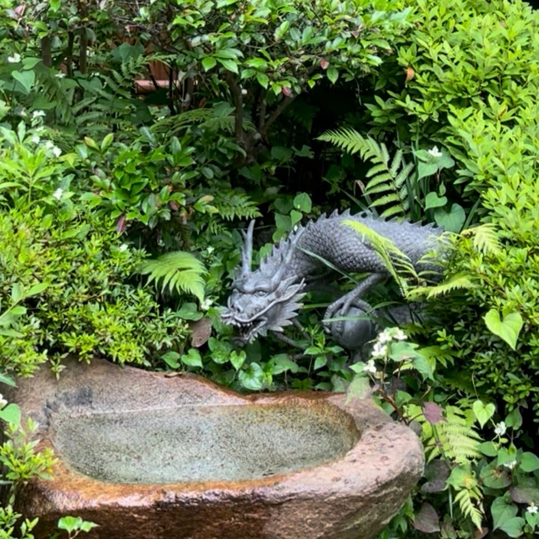 龍神様が見守る江の島中津宮の庭園。　　自然に溶け込む美しい芸術感性の水琴窟で、清らかな水と音に心身が洗われた　賑わう喧騒に囲まれているにもかかわらず、静謐さを味わえる。 蝶が舞い、庭園の真ん中に立つだけで天国と錯覚するような異次元的な空間に入り込んでしまう。　