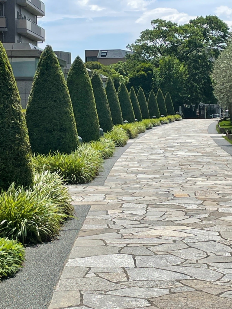 庭園はおしゃれに曲線の歩道を描いています