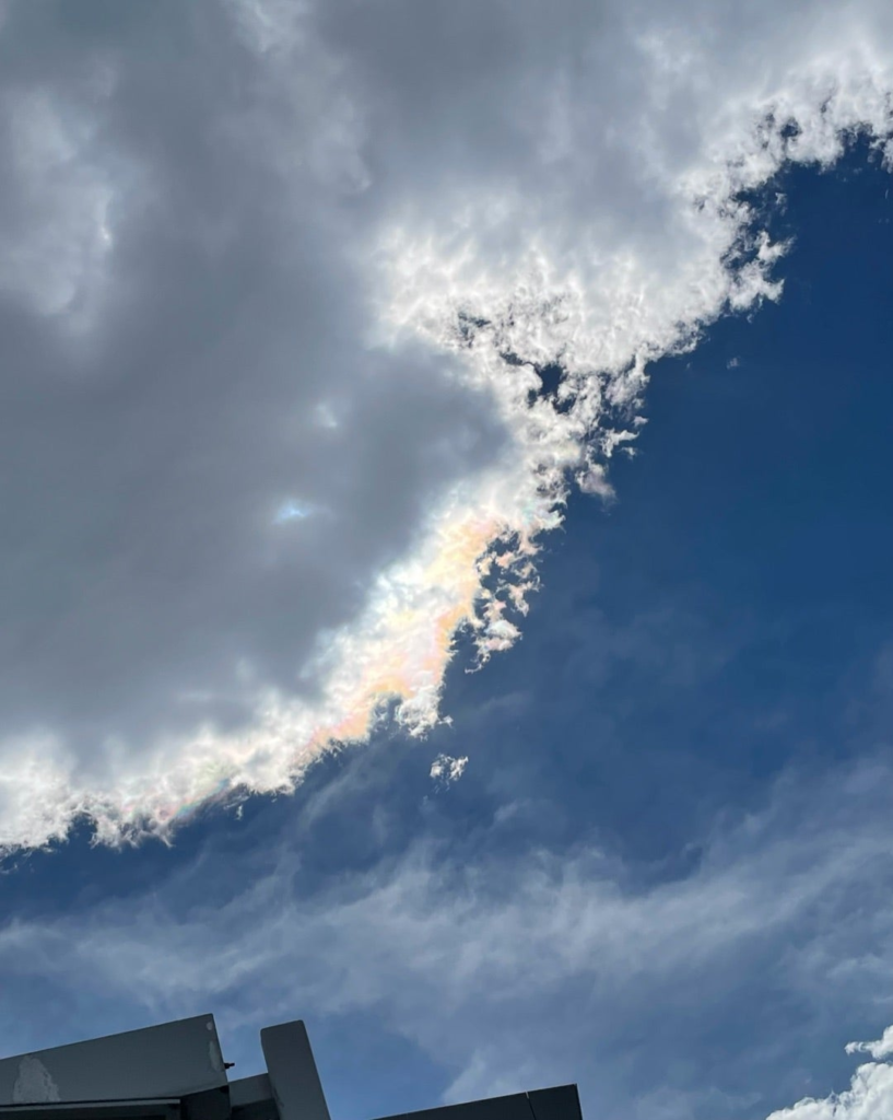 彩雲の虹色が徐々に色濃くなる予感。日本列島の形に似た彩雲。